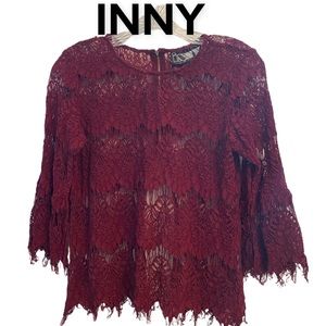 Inny Burgundy Boho lace 3/4  Bell sleeve top L